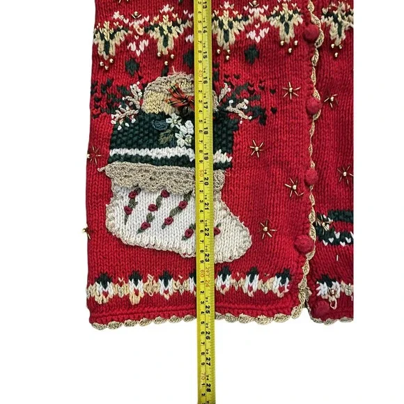 Vintage Christmas Sweater Vest Womens Large Beaded Embroidery Button Up Knit - Picture 9 of 10
